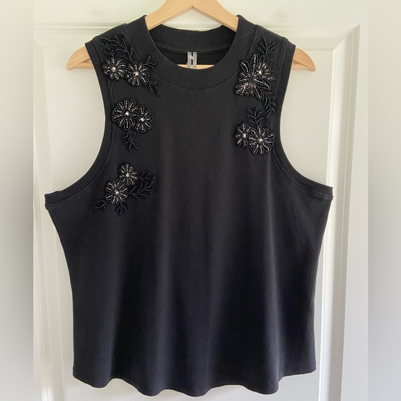 Anthropologie Black Beaded Applique Tank Top Sleeveless Ribbed Cotton Knit Sz 2X - Picture 13 of 16